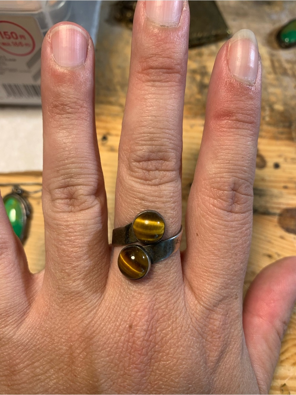 Vintage sterling silver Tiger Eye Double Stone Adjustable Ring - Women Jewelry
